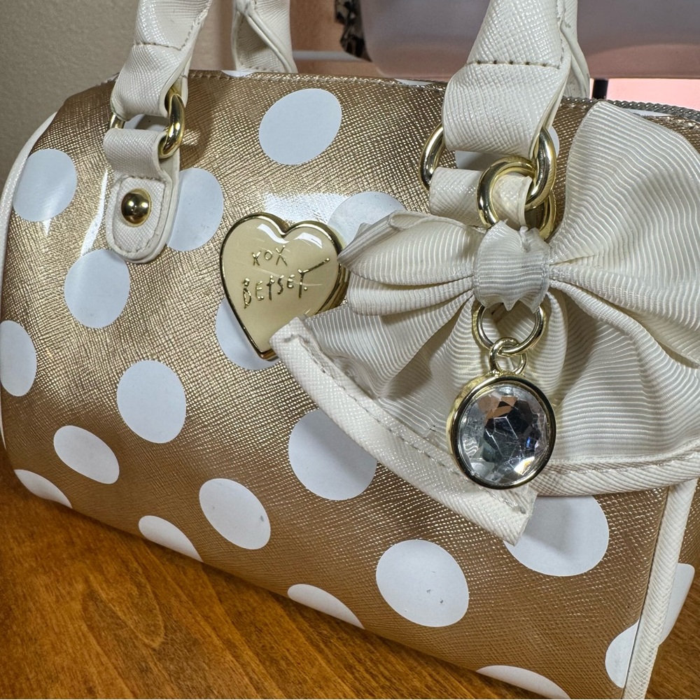 Betsey Johnson XOX Gold Polka Dot Bow Satchel Purse | Vintage Y2K Mini Crossbody